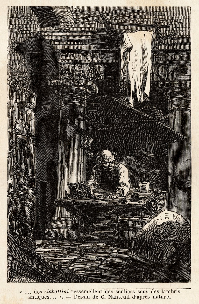 Ein Schuster, der seine Werkstatt in antiken Ruinen eingerichtet hat. Gravur zur Illustration der Reise nach Rom, von Francis Wey, 1864-1868, veröffentlicht in „Le tour du monde“, 1869, herausgegeben von Edouard Charton, Hachette, Paris. Selva-Sammlung. von Unknown artist