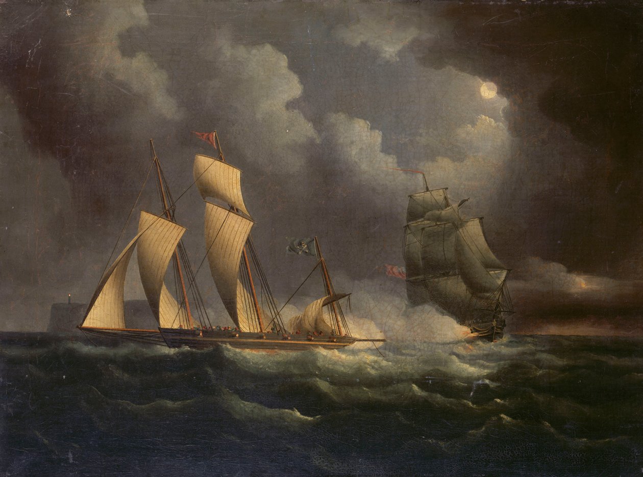 Ein Schmuggler-Lugger verfolgt von einer Marine-Brigg, um 1825 von Unknown artist