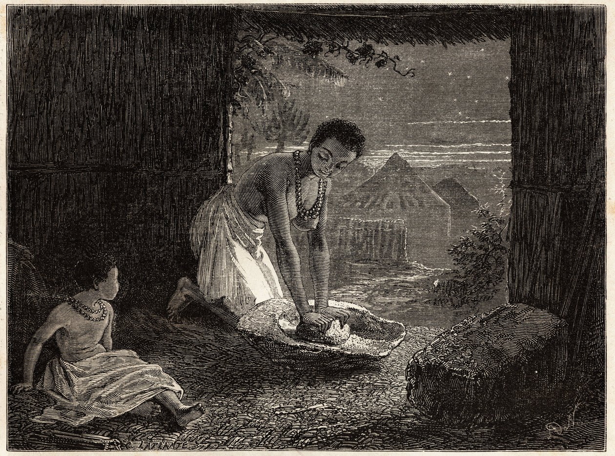 Eine Frau mahlt Getreide in einem Brenner, die Mühle besteht aus einem stationären Granitblock in Form einer Rinne und einem konvexen Quarzstück. Gravur zur Illustration von Dr. Livingstones ersten Reisen nach Südafrika von 1840 bis 1856, in „Le tour du mo von Unknown artist