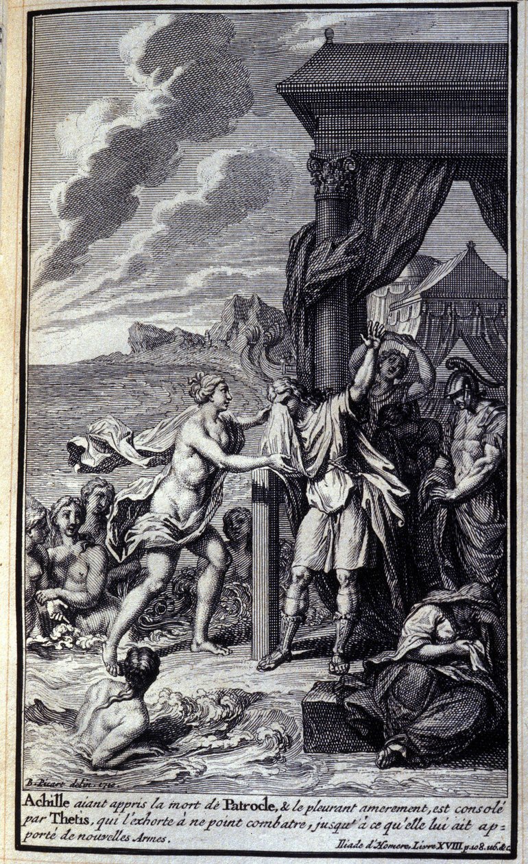 Achilles, der vom Tod des Patroklos gehört hat und bitterlich um ihn weint, wird von Thetis getröstet, die ihn ermahnt, nicht zu kämpfen, bis sie ihm neue Waffen bringt. Illustration für Buch XVIII der Ilias von Homer, französische Ausgabe von Unknown artist