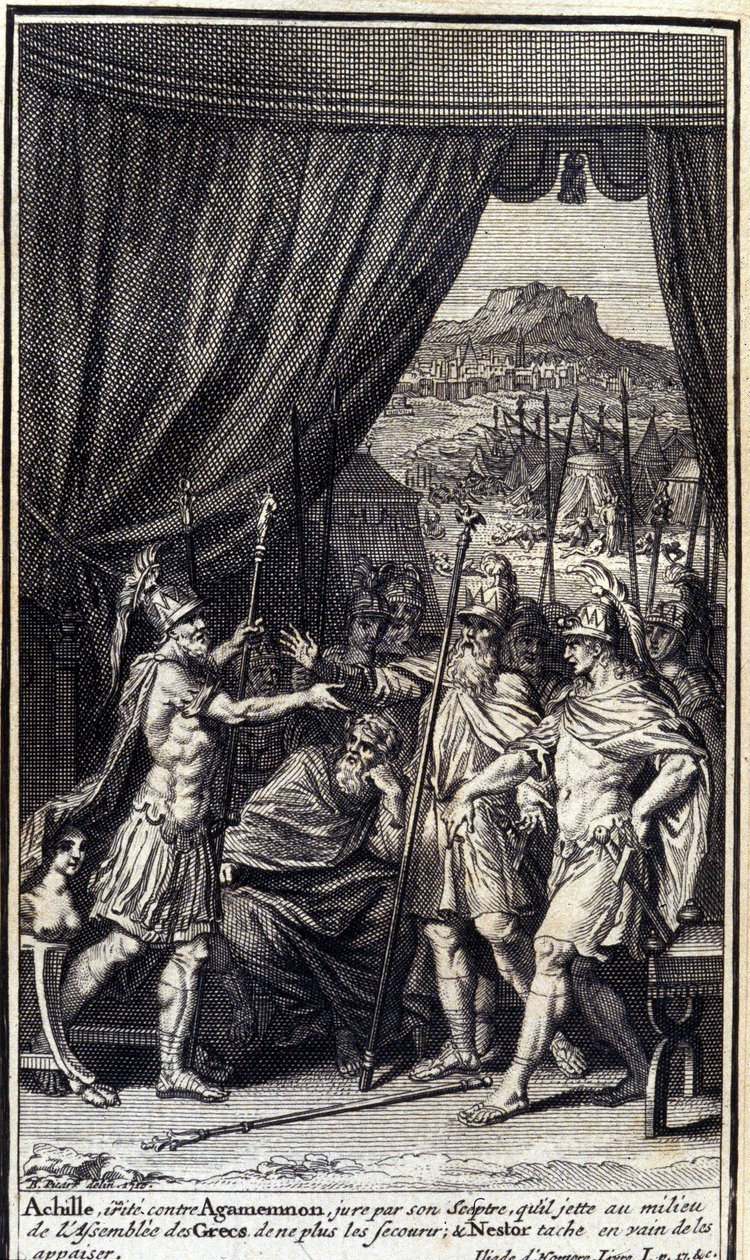 Achilles, wütend auf Agamemnon, schwört bei seinem Zepter, den Griechen nicht zu helfen; und Nestor versucht vergeblich, sie zu beruhigen. Illustration für Buch I der Ilias von Homer, französische Ausgabe von Unknown artist
