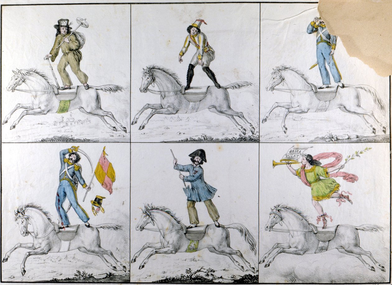 Akrobatik: Akrobatische Übungen zu Pferd. Gravur von Unknown artist