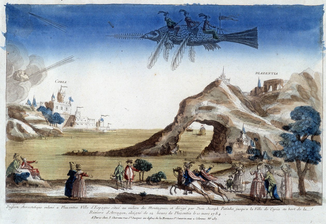 Aerostatischer Fisch, der in Plazentia, Spanien, von Dom Joseph Patinho gesteuert wird und am 10. März in die Stadt Coria am Ufer des Arragon-Flusses (12 Meilen von Plazentia entfernt) fliegt. von Unknown artist