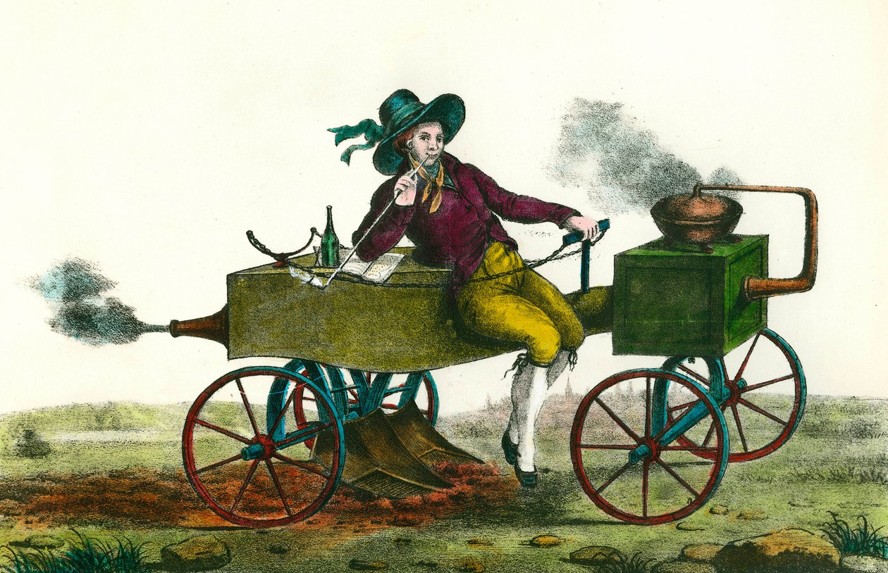 Landwirtschaft: Pflügszene mit einer Dampfmaschine im Jahr 1834. Anonymer Stich von 1834. Private Sammlung von Unknown artist