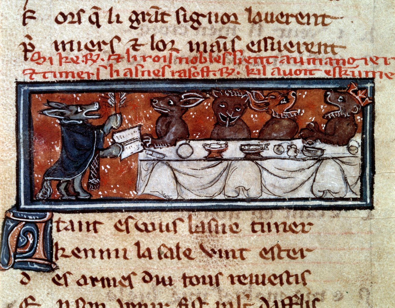 Allegorie über die Gesellschaft des Mittelalters: „Am Tisch des edlen Königs“ (Miniatur aus dem Manuskript „Der Roman von Renart Le Nouvel“ von Jacquemart Gielee) von Unknown artist