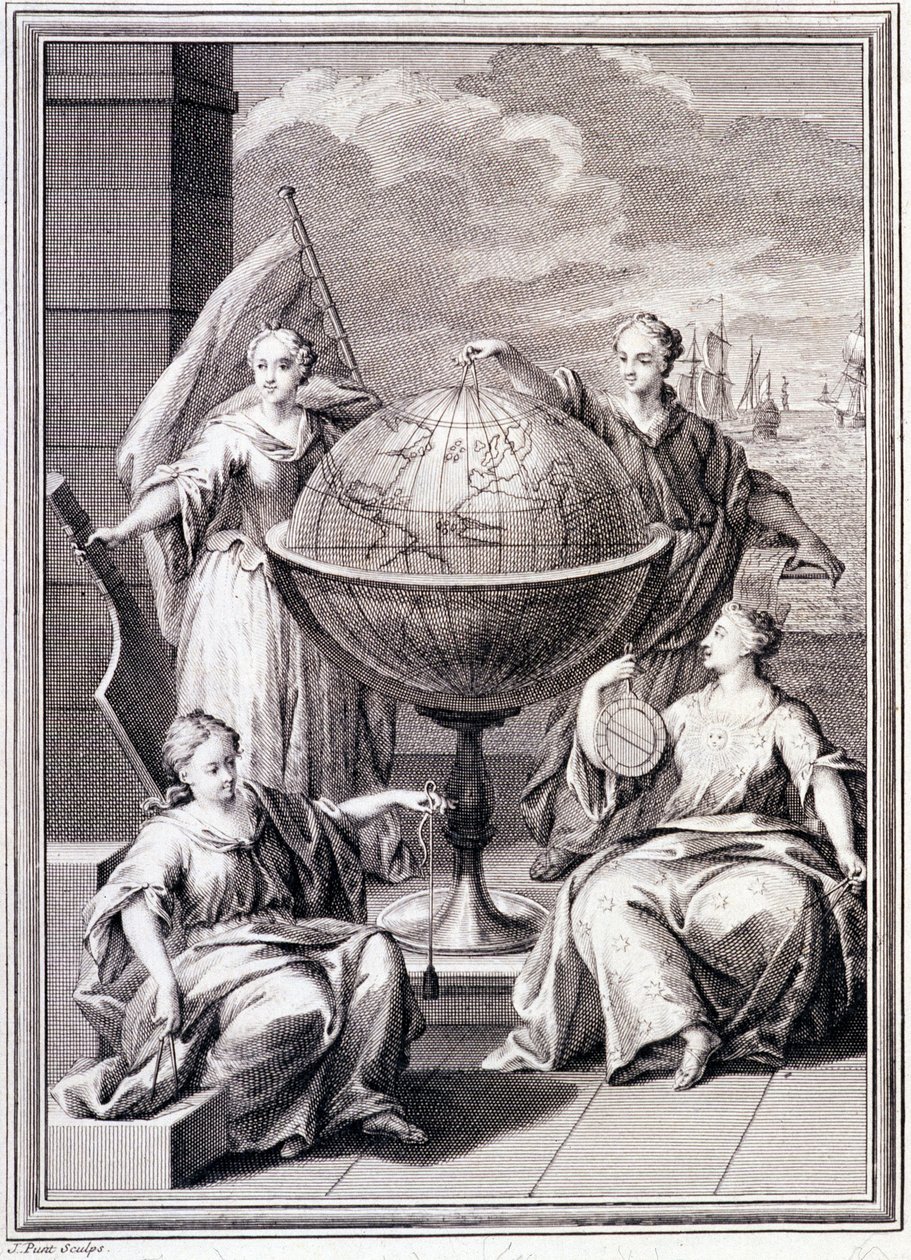 Allegorie der Erforschung der Welt - in „Historische Reise durch Südamerika im Auftrag des Königs von Spanien“ von Don Georges Juan und Don Antoine de Ulloa, Librairie du Roi, Paris von Unknown artist