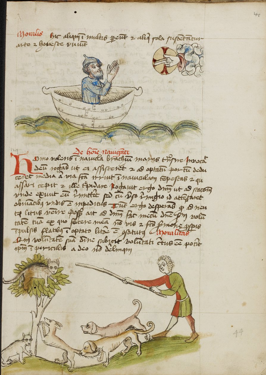 Ein älterer Mann im Gebet in einem Boot; Eine Katze in einem Baum, unter dem ein Fuchs ist von Unknown artist