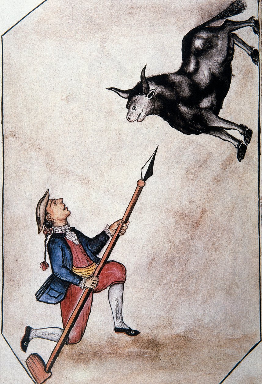 Ein Indianer zeigt mit seinem Speer auf einen Stier, aus dem Buch "Trujillo del Peru" oder "Códice Martínez Compañón", von Baltazar Martinez Compañón y Bujanda, Bischof von Trujillo (1782-1785) von Unknown artist