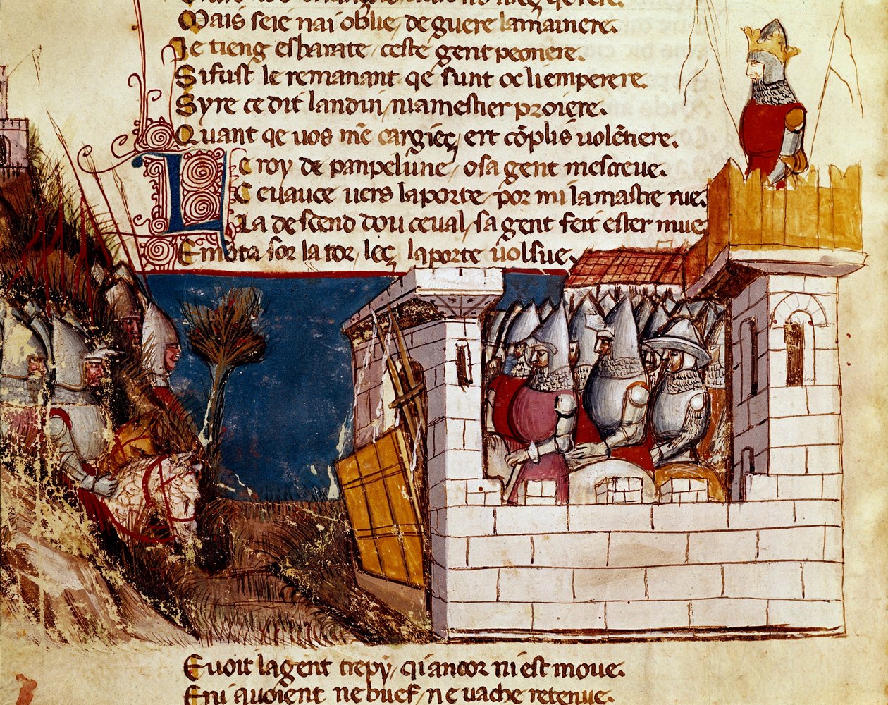 Eine Armee (vom König von Pamplona?) nimmt Zuflucht in einer Burg und überquert die Miniatur-Levis-Brücke aus „Entrée von Spanien“. 14. Jahrhundert Venedig, Biblioteca Marciana. von Unknown artist