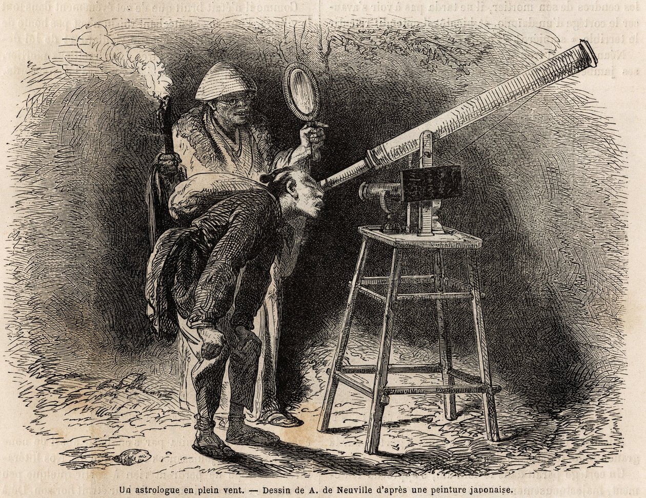 Ein Astrologe sucht den Himmel im Freien mit seinem Teleskop. Gravur zur Illustration der Reise nach Japan, 1863-1864, von Aime Humbert, Minister der Schweizerischen Eidgenossenschaft, in "Le tour du monde, nouveau journal des voyages" von Unknown artist