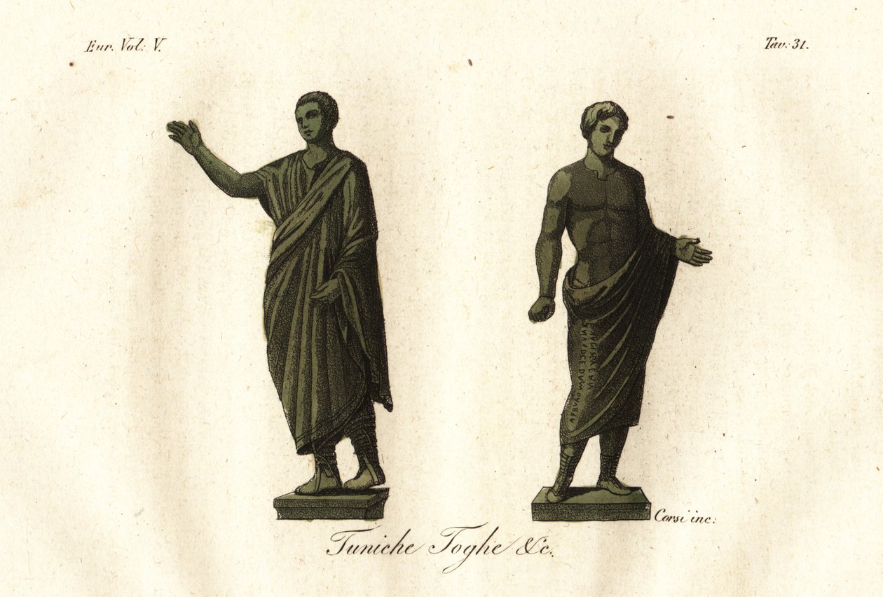 Antike etruskische Statuen, die Männer in Toga, Tunika, Calzari (Schuhe) usw. zeigen von Unknown artist