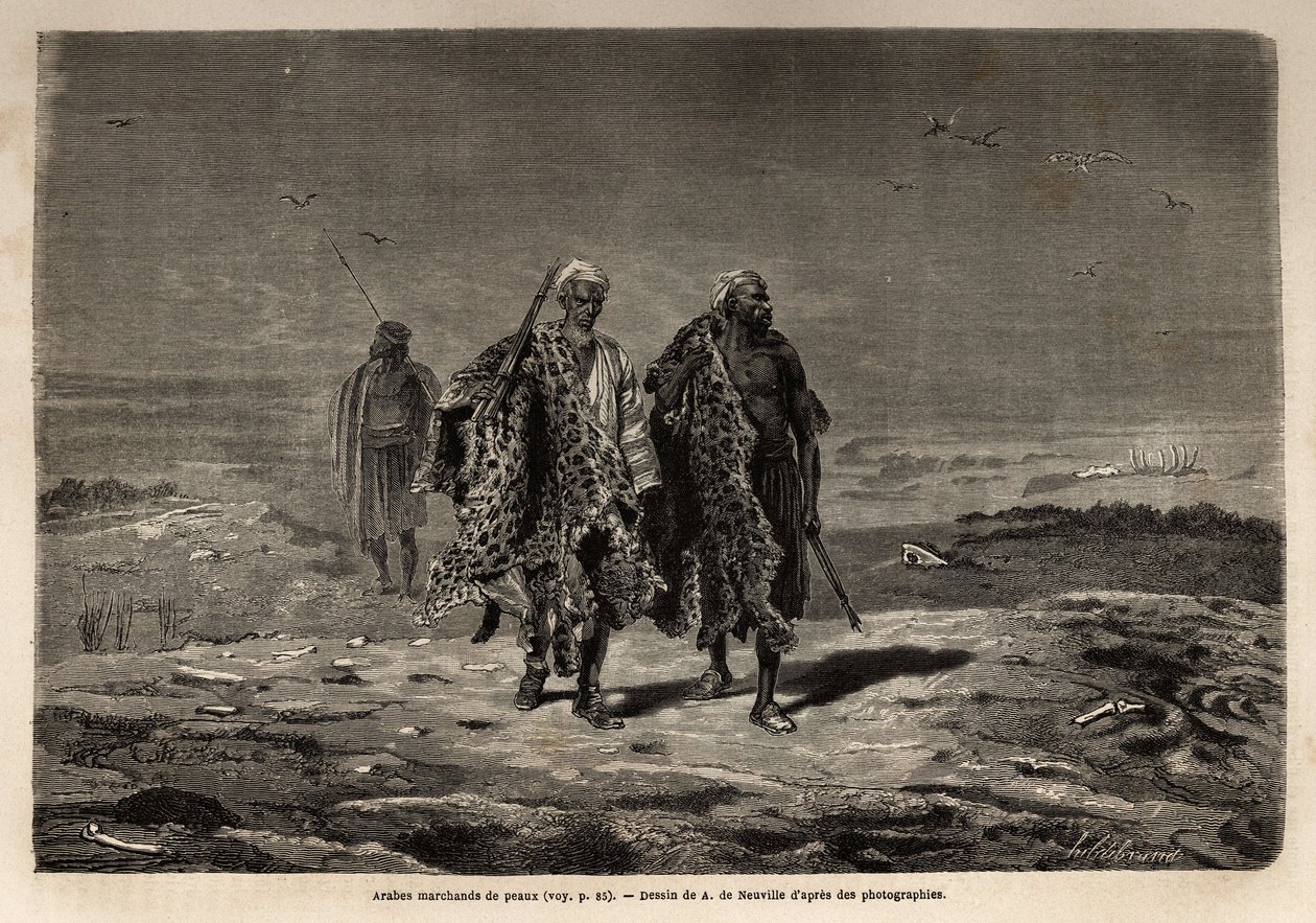 Arabische Beduinen, Pantherfelle und Schafwollhändler, auf dem Weg zum Markt von Bagdad (Irak). Gravur zur Illustration der Reise nach Babylon, 1866, von Guillaume Lejean, in „Le tour du monde, nouveau journal des voyages“ veröffentlicht unter der Leitung  von Unknown artist