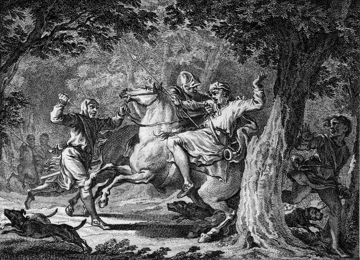 Ermordung von Childerich II., 675: Der König der Franken (circa 653-675) wurde im Wald von Lognes von Bodillon, einem Herrn, den er ausgepeitscht hatte, getötet. Gravur des 18. Jahrhunderts. von Unknown artist