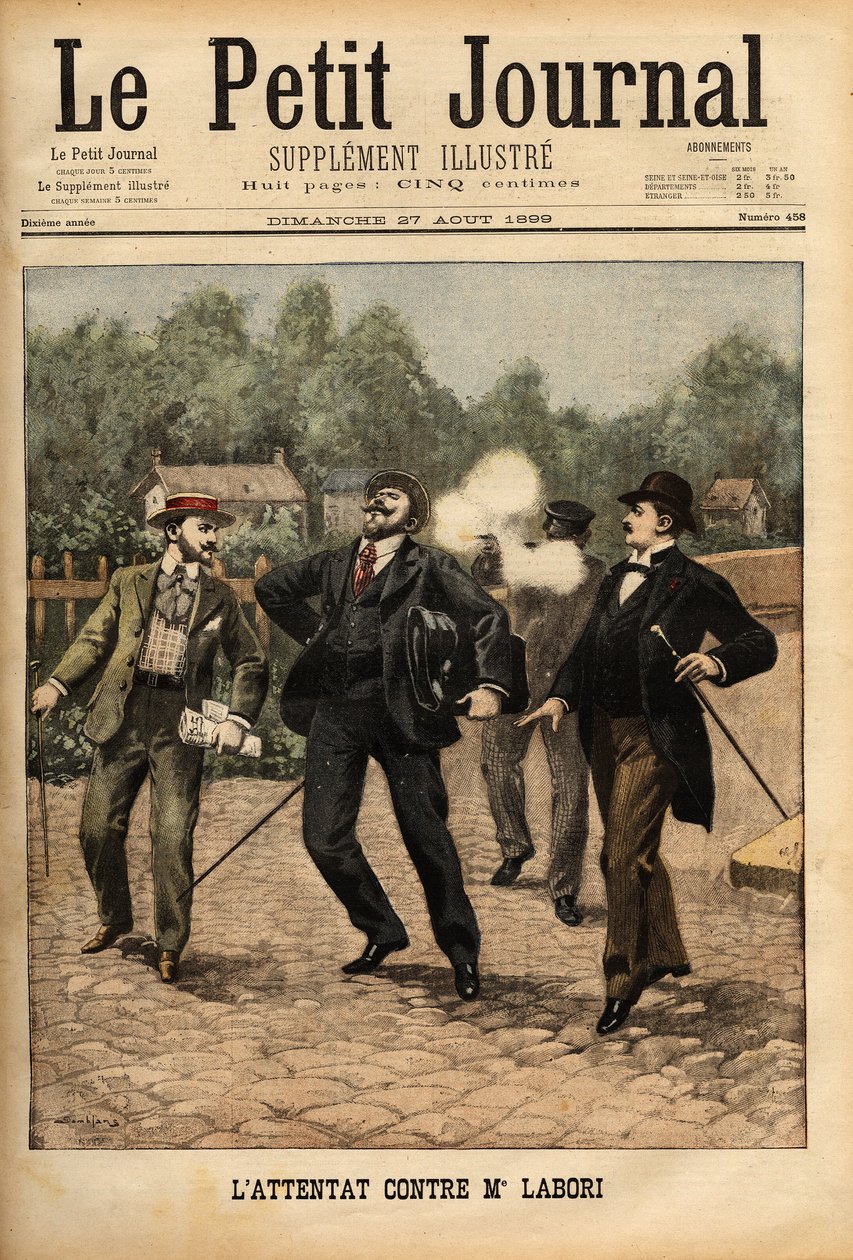 Angriff auf Herrn Fernand Labori (1860-1917), Anwalt in der Verteidigung von Alfred Dreyfus (1859-1935), der in Rennes auf dem Weg zum Gerichtsgebäude von einer Kugel in den Rücken getroffen wurde. Gravur in "Le petit journal" 27/8/1899. Selva-Sammlung von Unknown artist