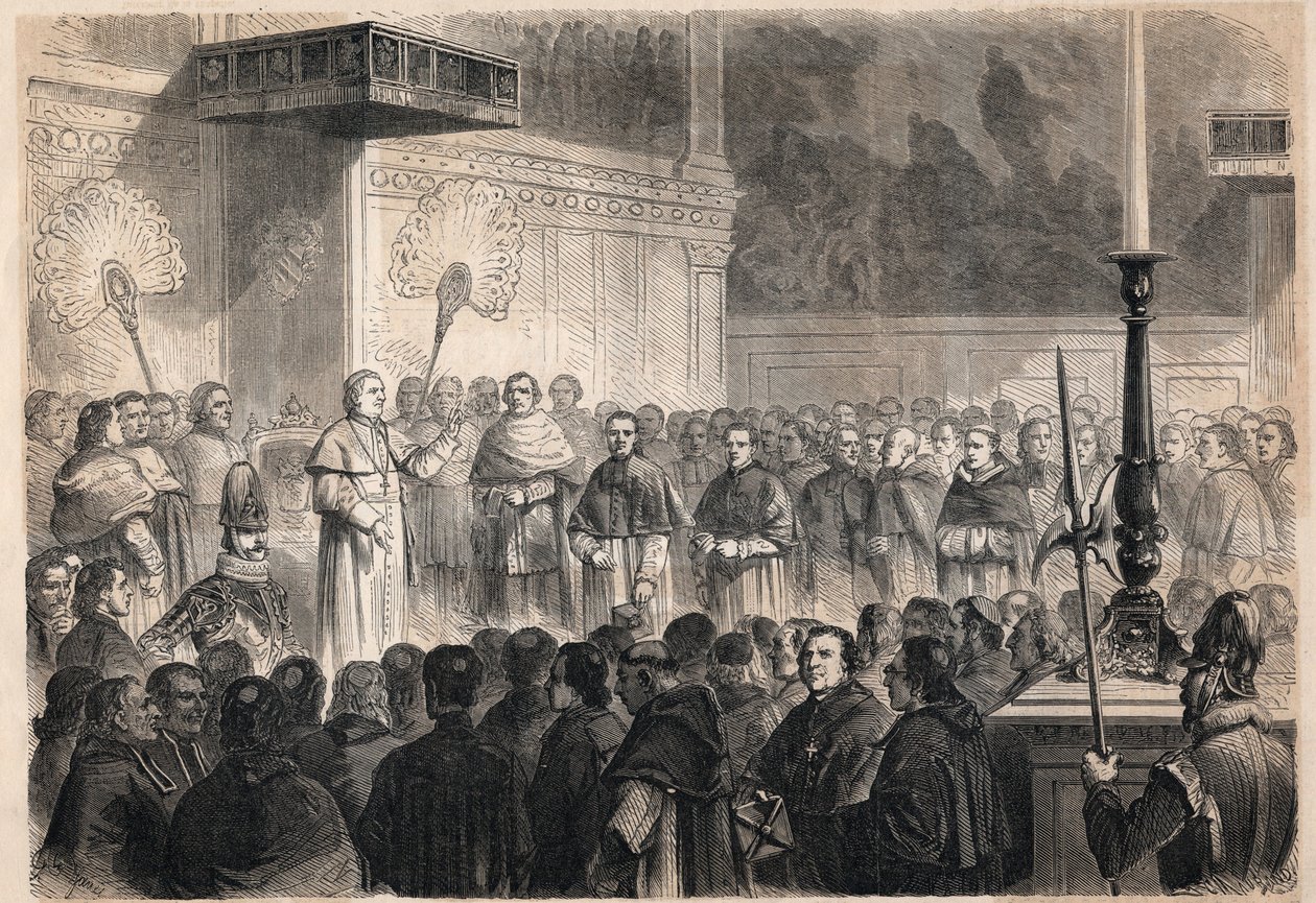 Audienz von Papst Pius IX. (Pio) (1792-1878) für ausländische Geistliche in der Sixtinischen Kapelle (Cappella Sistina) in Rom anlässlich der Feierlichkeiten zur Heiligsprechung der 26 „Märtyrer von Japan“, einer Gruppe von Katholiken, die 1597 in Japan ge von Unknown artist