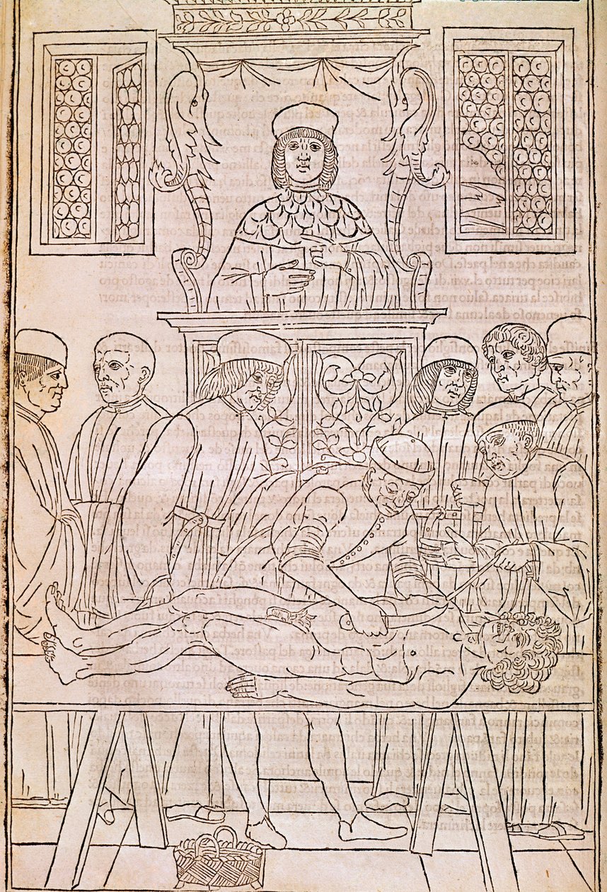 Autopsie. Codex. Der Körper eines toten Mannes wird von Ärzten für eine anatomische Studie seziert. „Fascicula Medicinae“. Codex eines Ärztefascikels von Johannes Kethan von Unknown artist