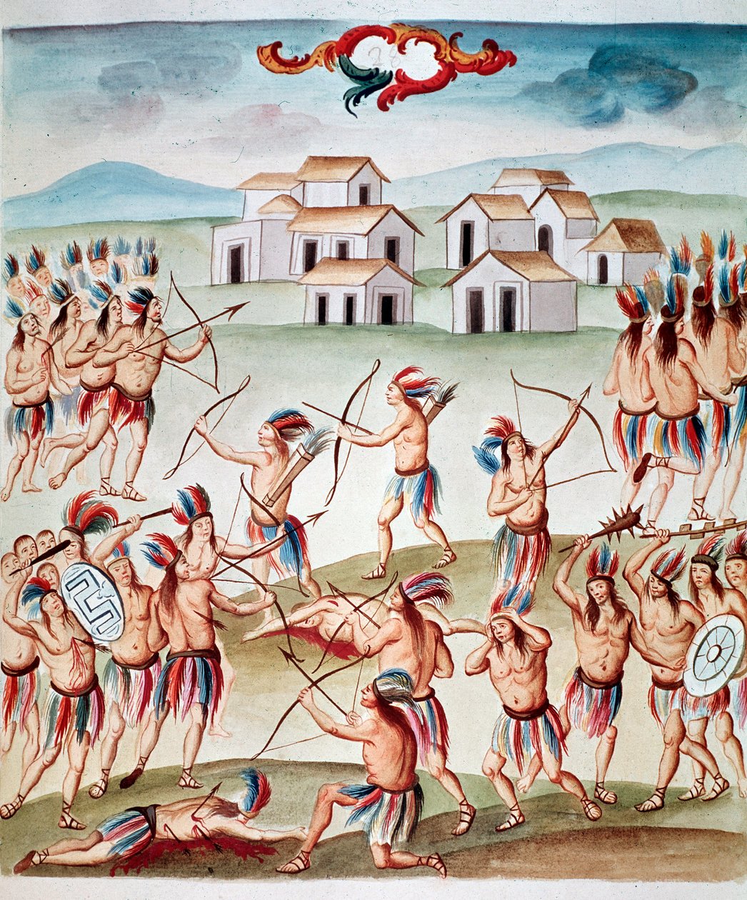Kampfszene, Hinterhalte in Acolman, Mexiko (Aquarell, ca. 1770-1780) von Unknown artist