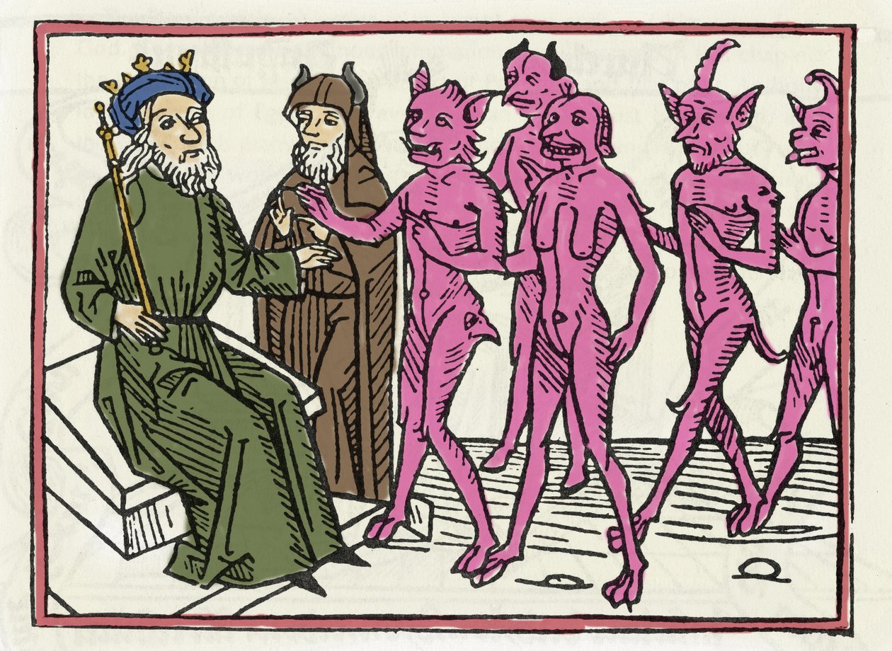 Belials Prozess: „Der Belial-Dämon begleitet von vier anderen Dämonen wird Richter Salomo vorgestellt“ Gravur aus „Der Belial-Prozess“ von Jacobus de Teramo (oder Palladino), Augsburg von Unknown artist