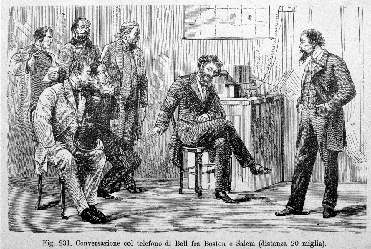 Bell-Telefongespräch zwischen Boston und Salem (20 Meilen Entfernung). Gravur des 19. Jahrhunderts von Unknown artist