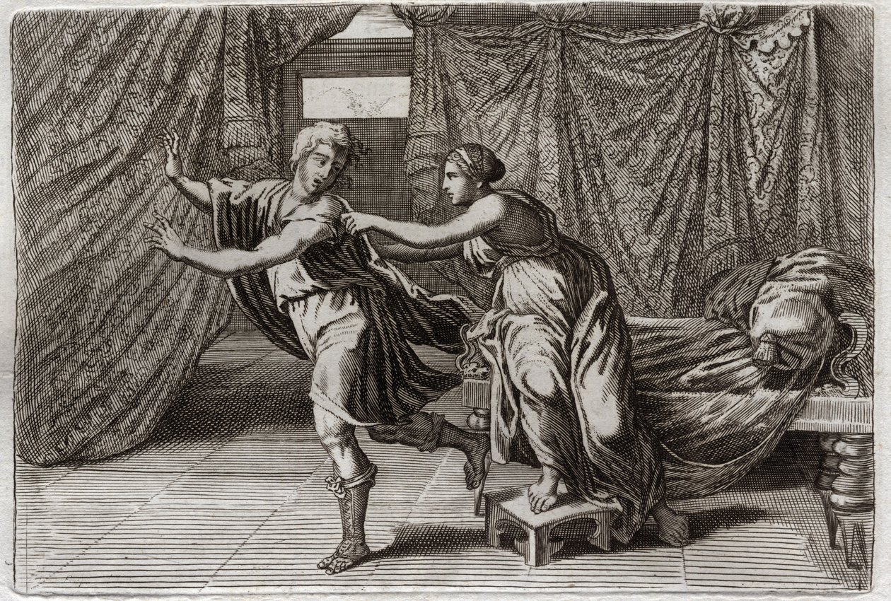 Bibel von Royaumont, Altes Testament: Keuschheit von Joseph. Joseph wird von der Frau von Putiphar (Potiphar) bedrängt und ins Gefängnis geworfen. Illustration von 1811. von Unknown artist