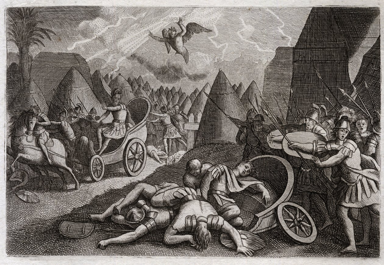 Bibel von Royaumont, Altes Testament: Niederlage von Sanherib. Gott besiegt die Armee von Sanherib zugunsten von König Hiskia durch einen Engel, der in einer Nacht hundertfünfundachtzigtausend Männer tötet. Illustration von 1811. von Unknown artist