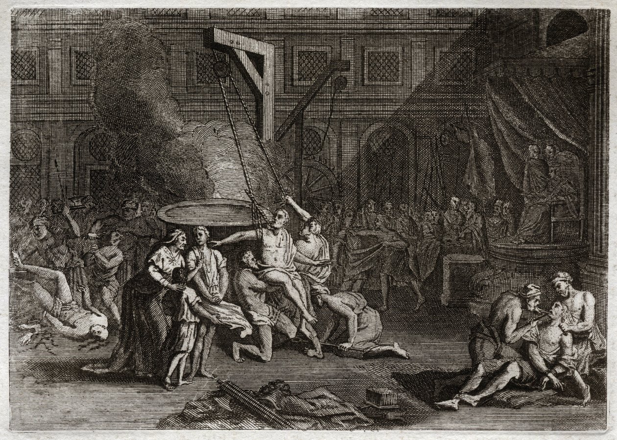 Bibel von Royaumont, Altes Testament: Martyrium der Makkabäer. Die sieben Makkabäerbrüder werden gemartert, anstatt ihren Glauben zu verraten. Illustration von 1811. von Unknown artist