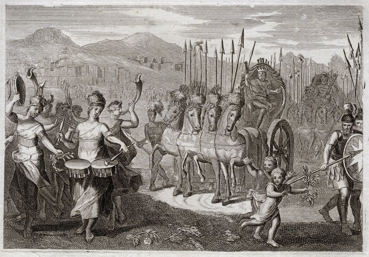 Bibel von Royaumont, Altes Testament: Triumph von David. Nachdem David den Riesen Goliath besiegt hat, kommen die Frauen Israels ihm entgegen, um seinen Triumph mit Jubelrufen und dem Klang von Instrumenten zu ehren. Illustration von 1811. von Unknown artist