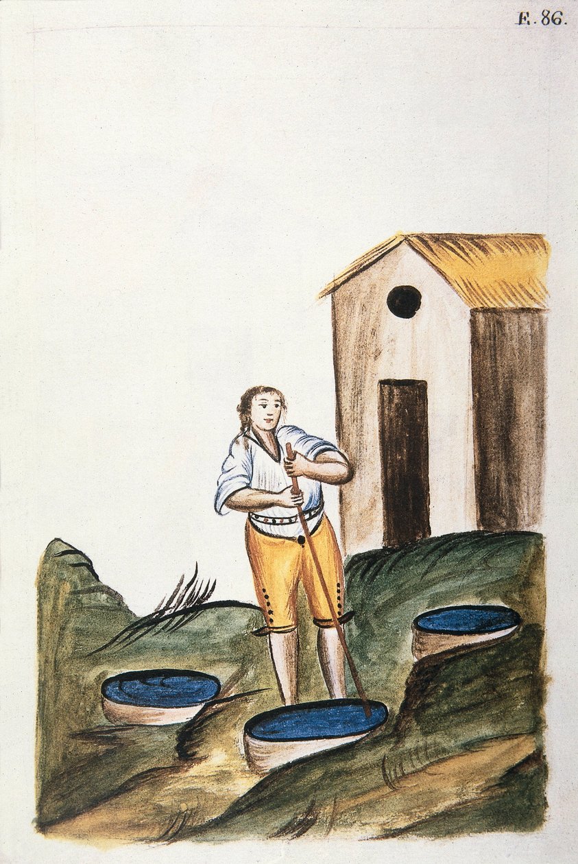 Blaue Färbeschale zum Färben von Wolle, aus dem Buch "Trujillo del Peru" oder "Códice Martínez Compañón", von Baltazar Martinez Compañón y Bujanda, Bischof von Trujillo (1782-1785) von Unknown artist
