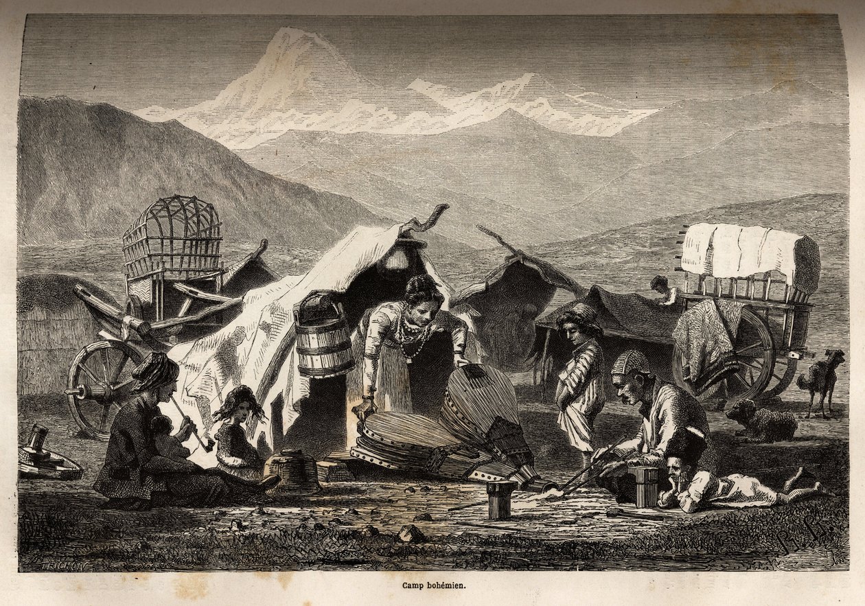 Böhmisches Lager. Gravur zur Illustration der Reise in die Provinzen des Kaukasus, von Basile Vereschaguine, 1864-1865, veröffentlicht in „Le tour du monde, nouveau journal des voyages“, herausgegeben von Edouard Charton von Unknown artist