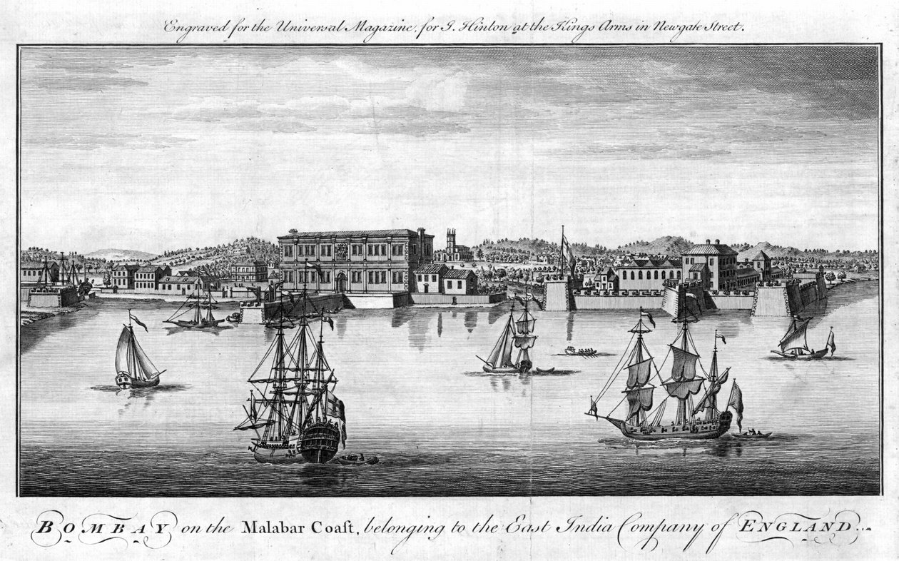 Bombay, Hafen der East India Company von England an der Malabarküste Indiens, mit Handelsschiffen der Company im Vordergrund und Lagerhäusern und Gebäuden im Hintergrund von Unknown artist