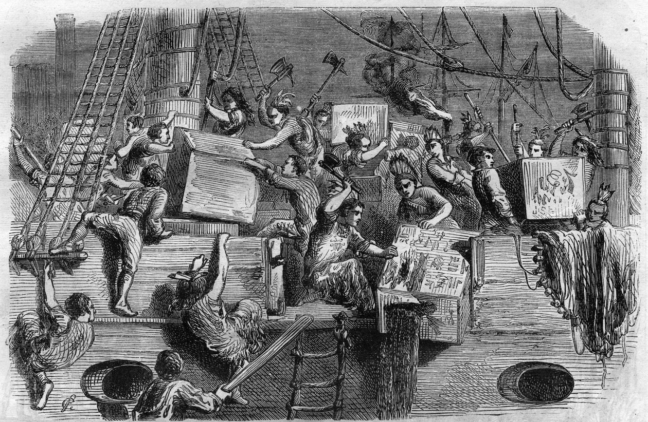 Boston Tea Party. Unabhängigkeitskrieg der USA: Aufstand amerikanischer Siedler (britischer Herkunft) gegen die vom englischen Parlament auf Tee und andere Lebensmittel erhobenen Steuern. Sie verkleiden sich als Indianer und werfen die Teeladung ins Meer von Unknown artist