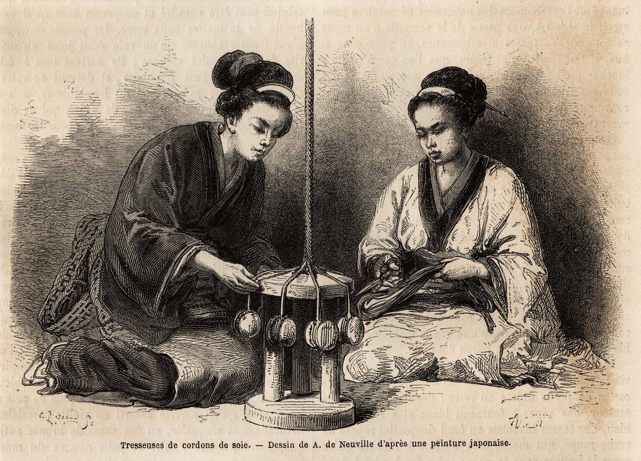 Seidenkordel-Flechter in ihrer Werkstatt in Yedo (oder Edo, heutiges Tokio); diese Kordeln sind sehr verbreitet, da sie verwendet werden, um militärische und zivile Kostüme zu arrangieren und zu halten (die Japaner kennen keinen Knopf und keine Klammer zum von Unknown artist