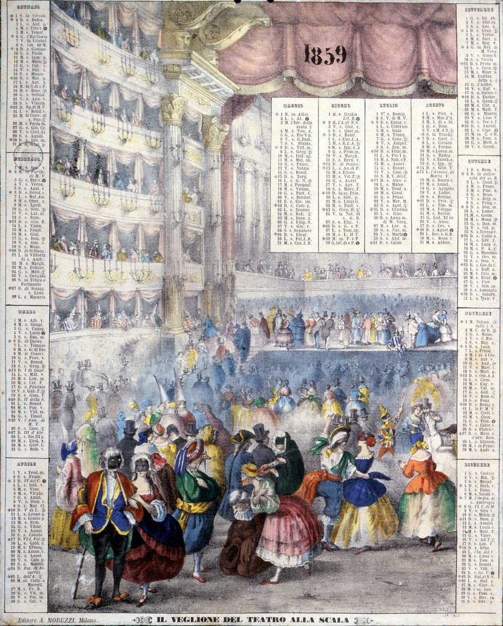 Kalender von 1859, der einen Karnevalsabend im Teatro alla Scala im Jahr 1859 darstellt. von Unknown artist