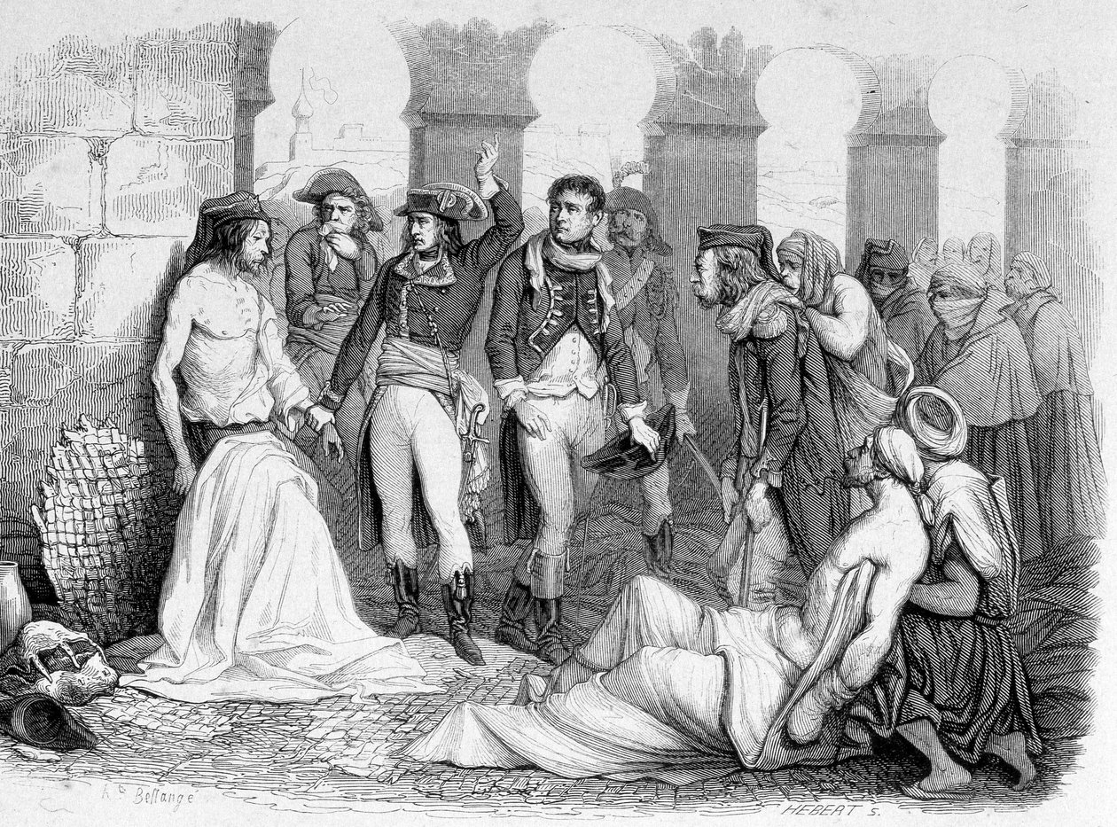 Kampagne (Expedition) von Ägypten (1798-1801): General Bonaparte besucht das Pestkrankenhaus in Jaffa, Ägypten. Gravur 19. Jahrhundert von Unknown artist