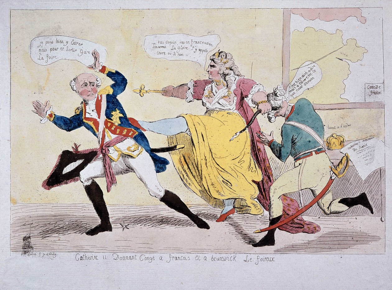 Katharina II. verabschiedet François und Brunswick den Foireux, Karikatur, Ende des 18. Jahrhunderts von Unknown artist