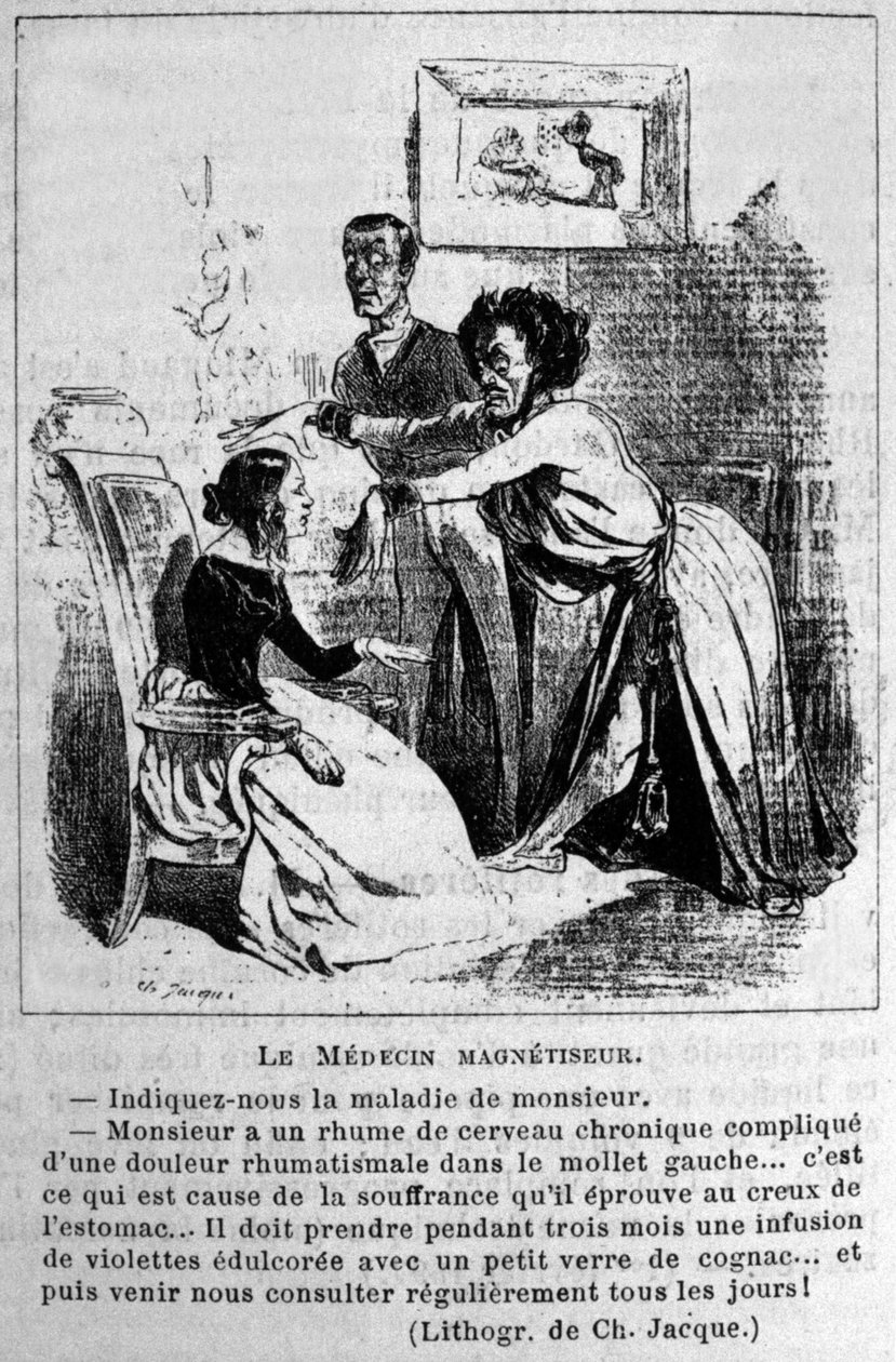Charlatanismus: Satire über die Konsultation von Hypnose-Magnetisierern zur Behandlung von Krankheiten. Aus einer Lithografie von Jacque. 19. Jahrhundert von Unknown artist