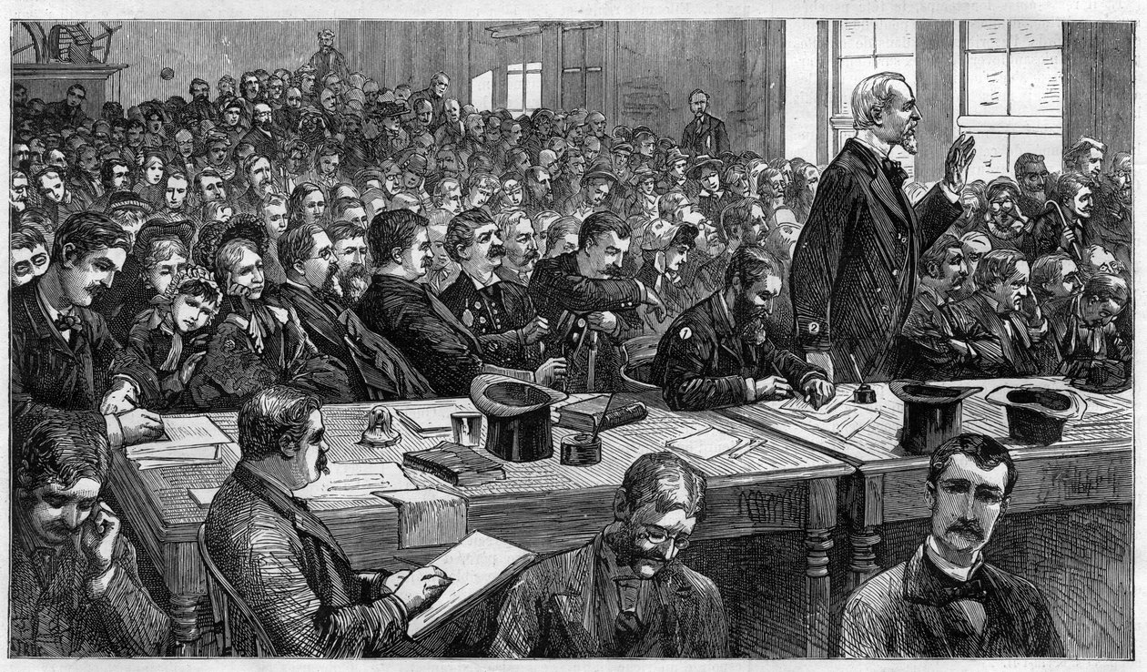 Charles Julius Guiteau (1841-1882), Mörder des US-Präsidenten James Abram Garfield (1831-1881), während des Prozesses im Jahr 1881, Vereinigte Staaten. von Unknown artist