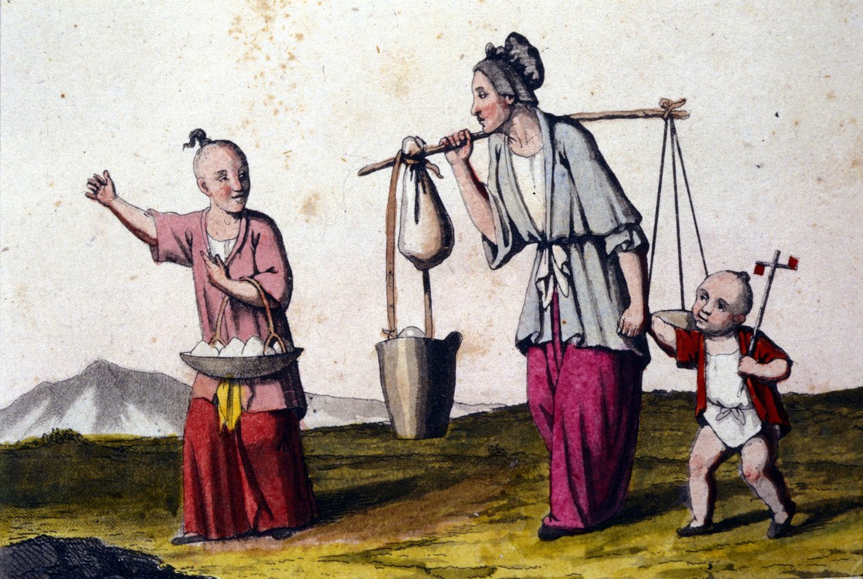 China. Eine Frau trägt Wasser, begleitet von zwei Kindern, das größere trägt einen Korb mit Reis. Drucke aus dem 19. Jahrhundert von Unknown artist