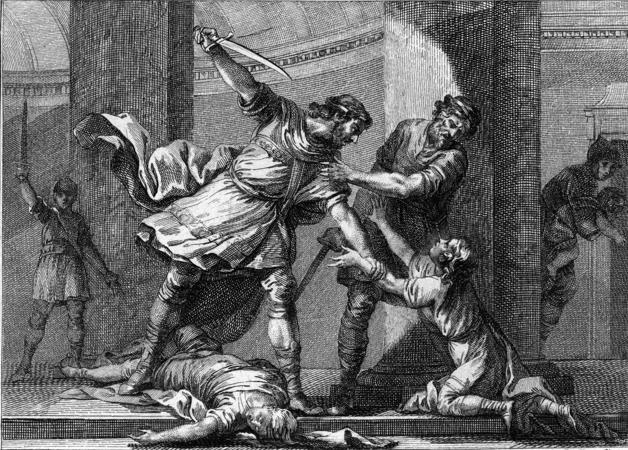 Chlothar I. (ca. 497-561) und Childebert I., die fränkischen Könige, ermordeten zwei Söhne ihres Bruders Chlodomer (495-524). Gravur aus dem 18. Jahrhundert von Unknown artist