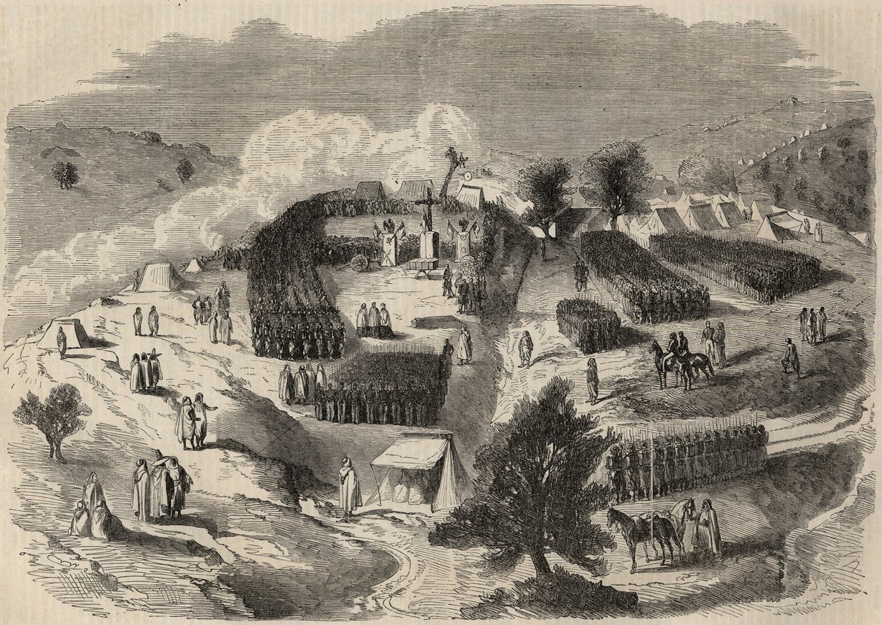 Eroberung Algeriens: Expedition nach Groß-Kabylien im Jahr 1857, Grundsteinlegung des Fort Napoleon in Souk-el-Arba. Gravur in „Le Monde illustrious“ von 1857. Private Sammlung. von Unknown artist