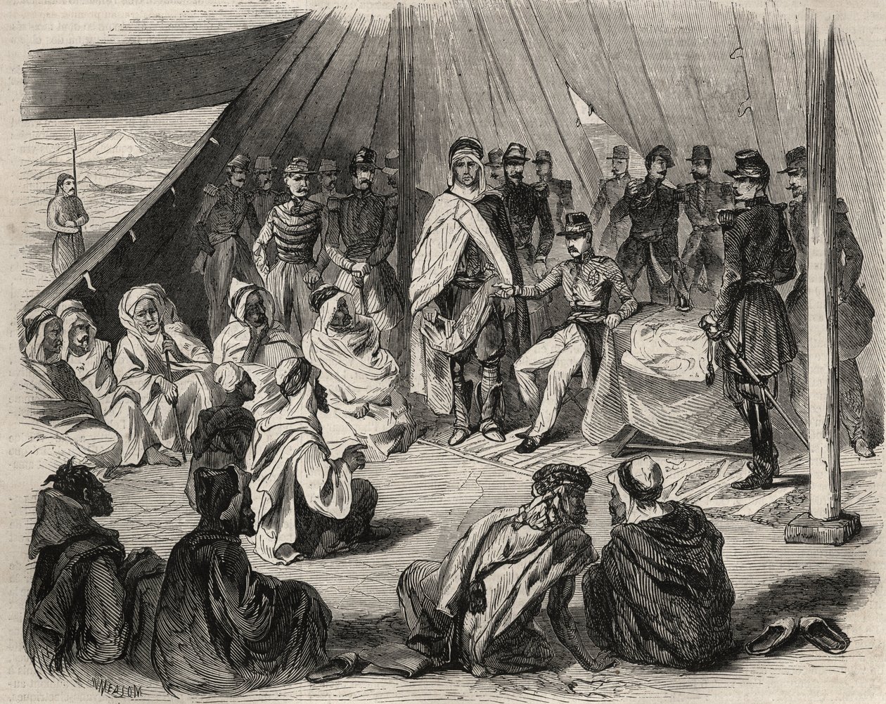 Eroberung Algeriens: Expedition nach Groß-Kabylien im Jahr 1857. Unterwerfung des Kabyle-Stammes der Beni-Raten durch die französische Armee. Gravur in „Le Monde illustrious“ von 1857. Private Sammlung. von Unknown artist