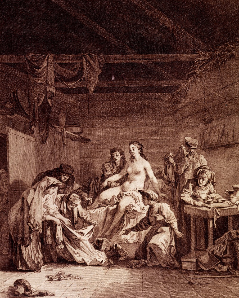 Kontrolle der Entjungferung nach einer Hochzeit in Russland. Dies überprüfte, ob die Ehe vollzogen wurde. Gravur des 18. Jahrhunderts von Unknown artist