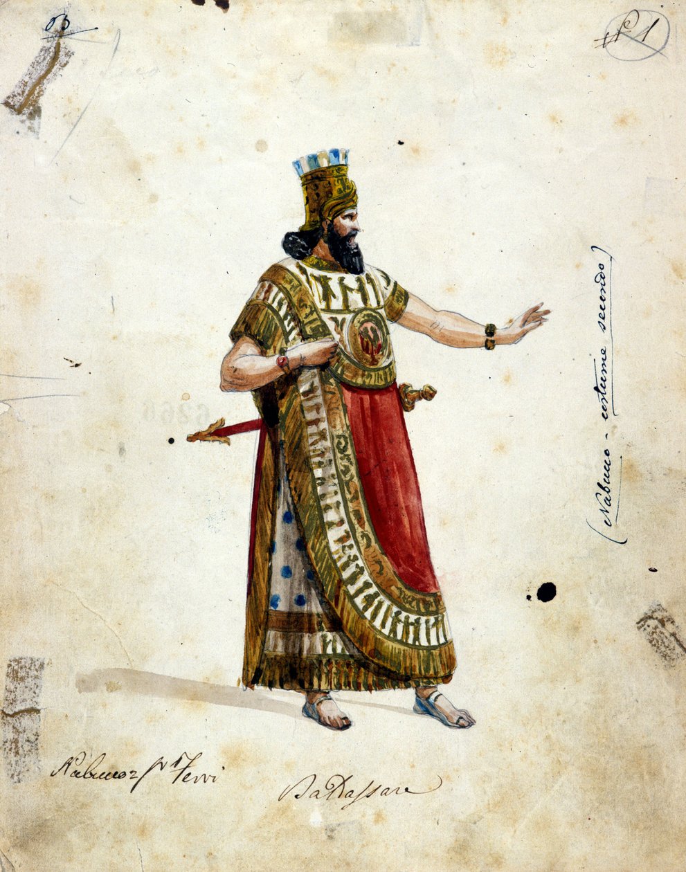 Kostüm von Nebukadnezar, König von Babylon, in der Oper von Giuseppe Verdi (1813 - 1901), „Nabucco“, ursprünglich „Nabucodonosor“ genannt. Musée de la Scala. von Unknown artist