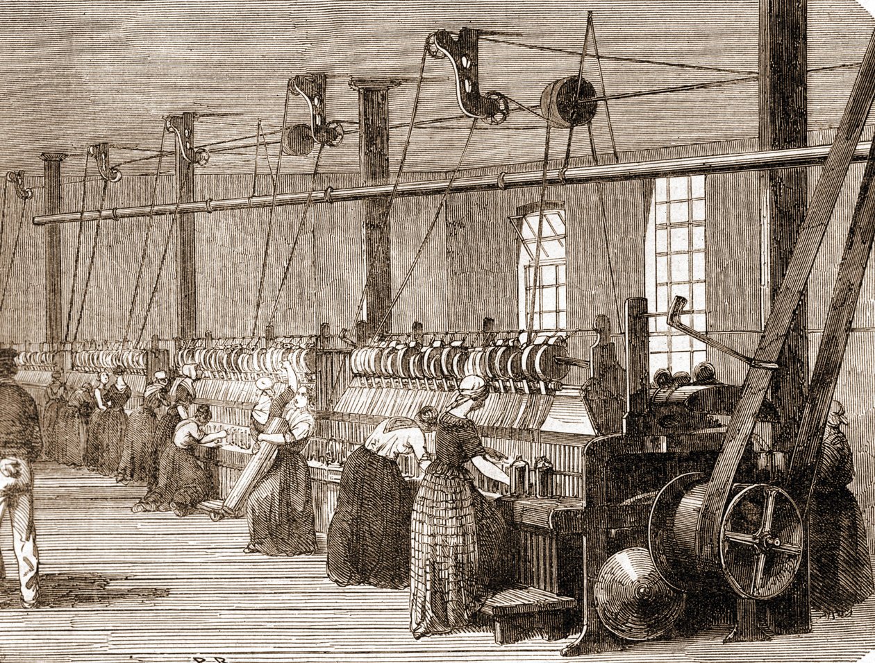 Baumwollweberei. Gravur von 1860. von Unknown artist