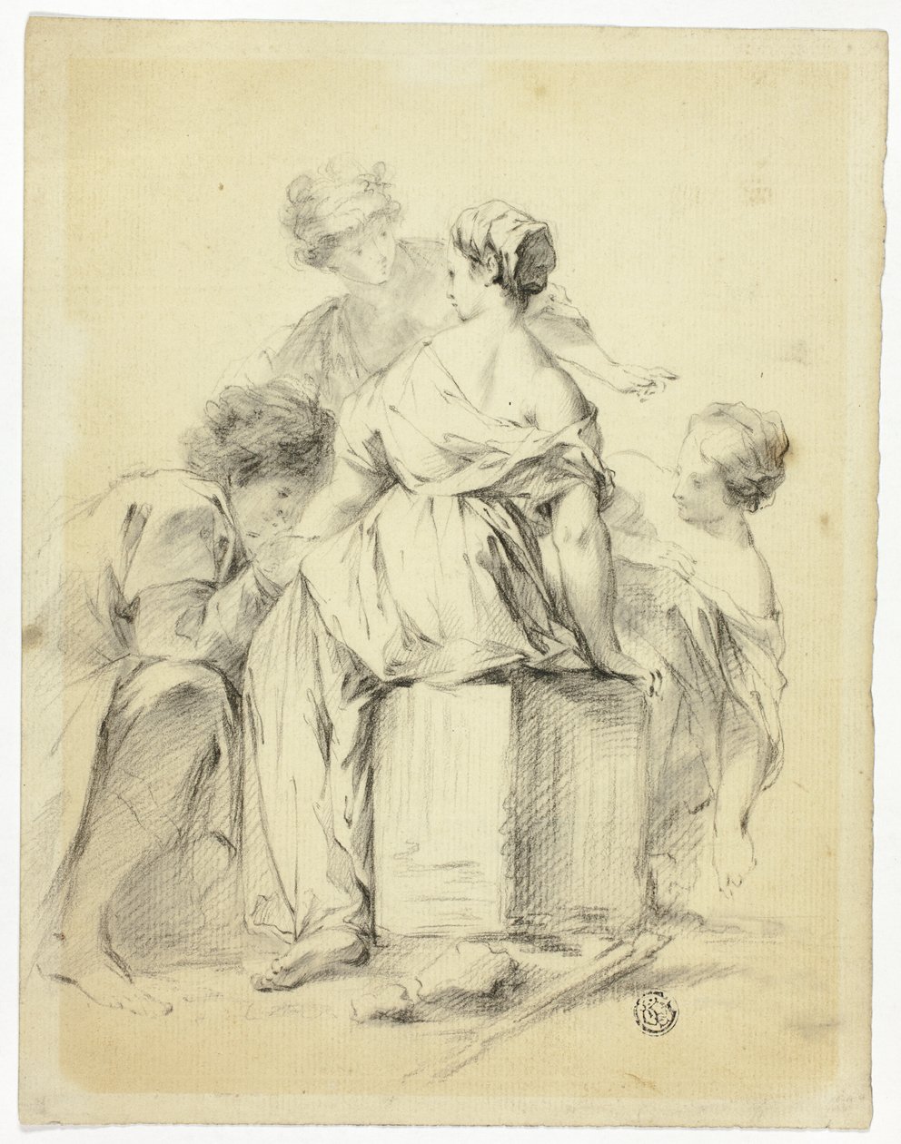 Werbeszene mit einem Jüngling und drei Mädchen von Unknown artist