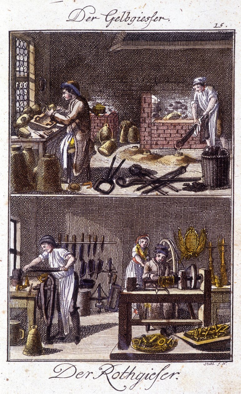 Handwerk: Kupferschmied und Kesselschmied in ihren Werkstätten. In „Umfassende Beschreibung der Künste und Handwerke und Werkstätten für junge Leute“ von Johan Peter Vue. Ed. Nürnberg, Weigel und Schneider von Unknown artist