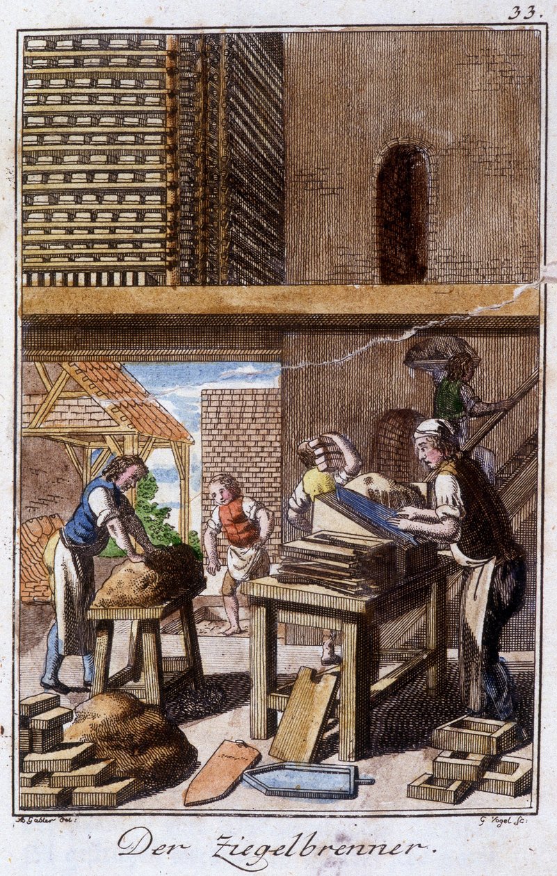 Handwerk: der Ziegel- oder Backsteinmacher in seiner Werkstatt. In „Umfassende Beschreibung der Künste und Handwerke und Werkstätten für junge Leute“ von Johan Peter Vue. Hrsg. Nürnberg, Weigel und Schneider von Unknown artist