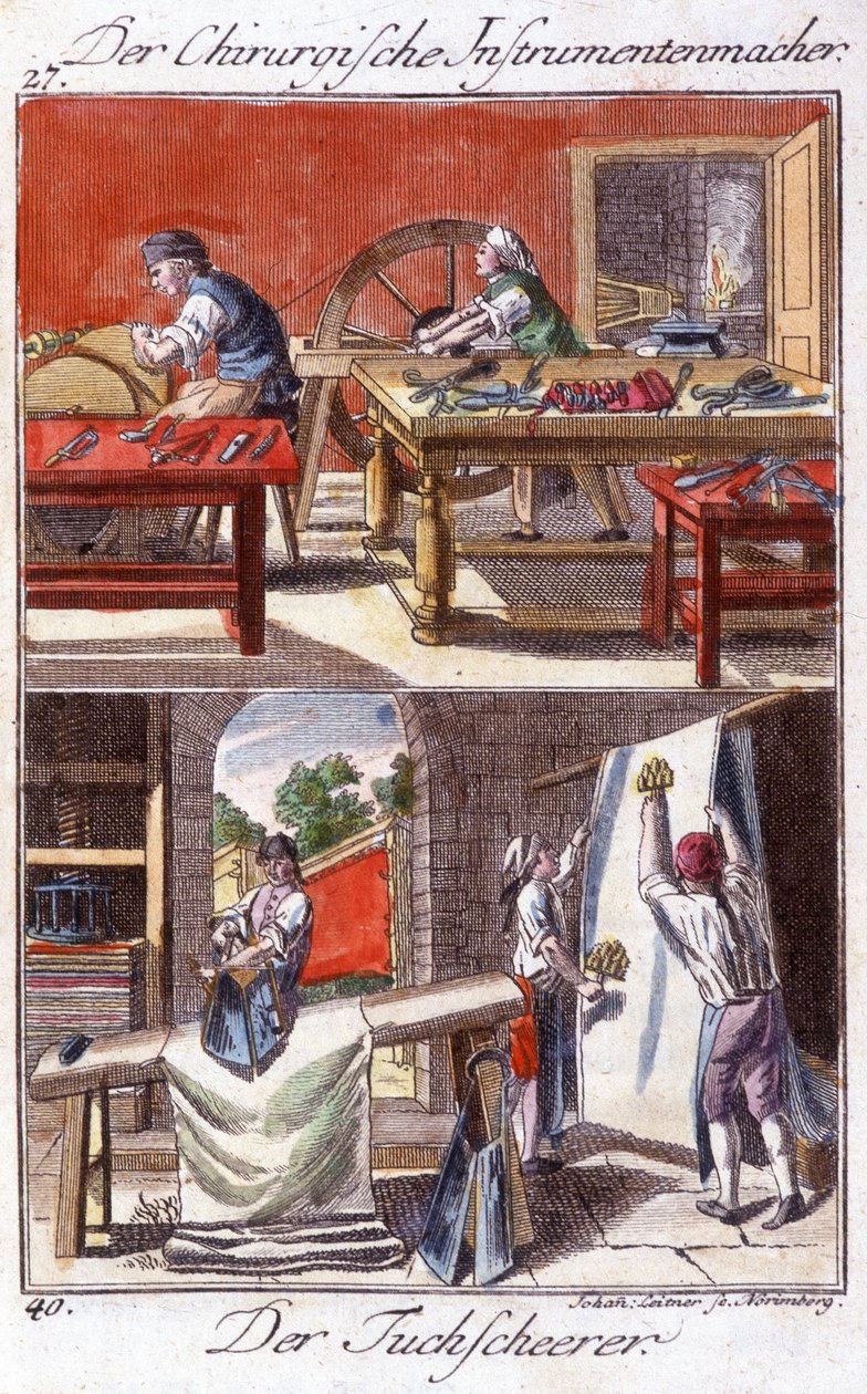 Handwerk: Hersteller von chirurgischen Instrumenten (oben) und Scheidenbesatz (unten) in ihrer Werkstatt. In „Umfassende Beschreibung der Künste und Handwerke und Werkstätten für junge Leute“ von Johan Peter Vue. Ed. Nürnberg, Weigel und Schneider von Unknown artist