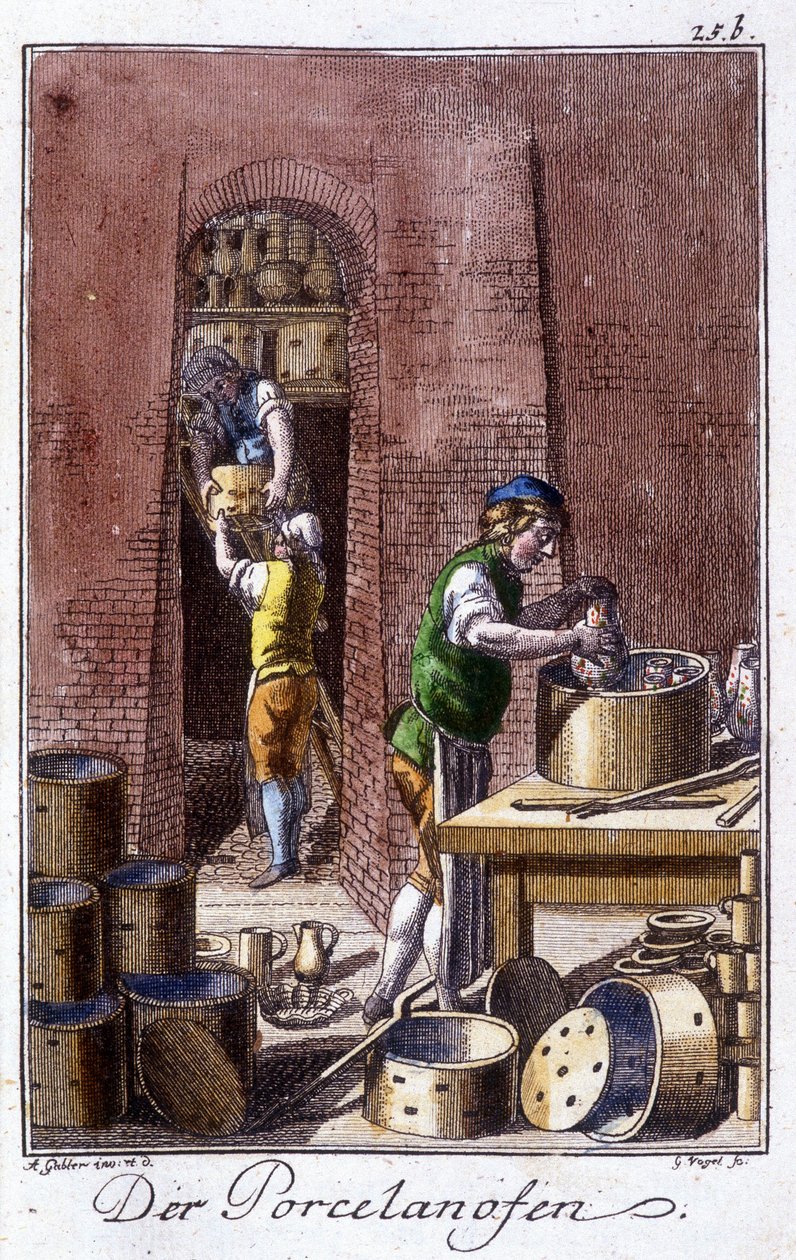 Handwerk: der Porzellanhersteller in seiner Werkstatt. In „Umfassende Beschreibung der Künste und Handwerke und Werkstätten für junge Leute“ von Johan Peter Vue. Ed. Nürnberg, Weigel und Schneider von Unknown artist