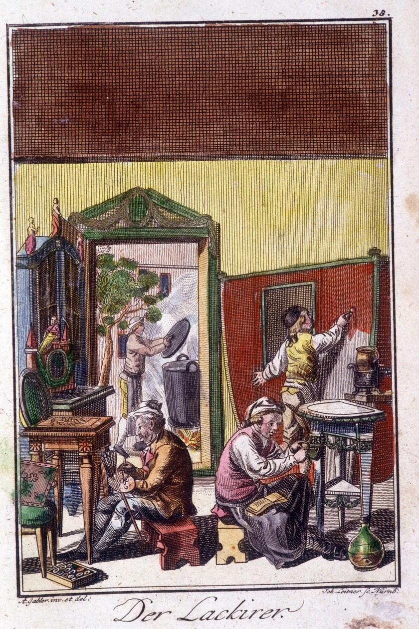 Handwerk: der Lackierer in seiner Werkstatt. In „Umfassende Beschreibung der Künste und Handwerke und Werkstätten für junge Leute“ von Johan Peter Vue. Hrsg. Nürnberg, Weigel und Schneider von Unknown artist